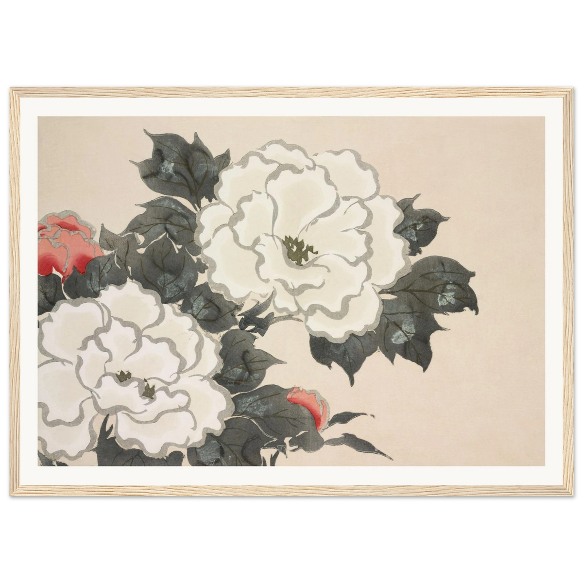 Estampe japonaise FUKAMIGUSA, Pivoines — Kamisaka Sekka, tirage encadré cadre bois | INKONAL