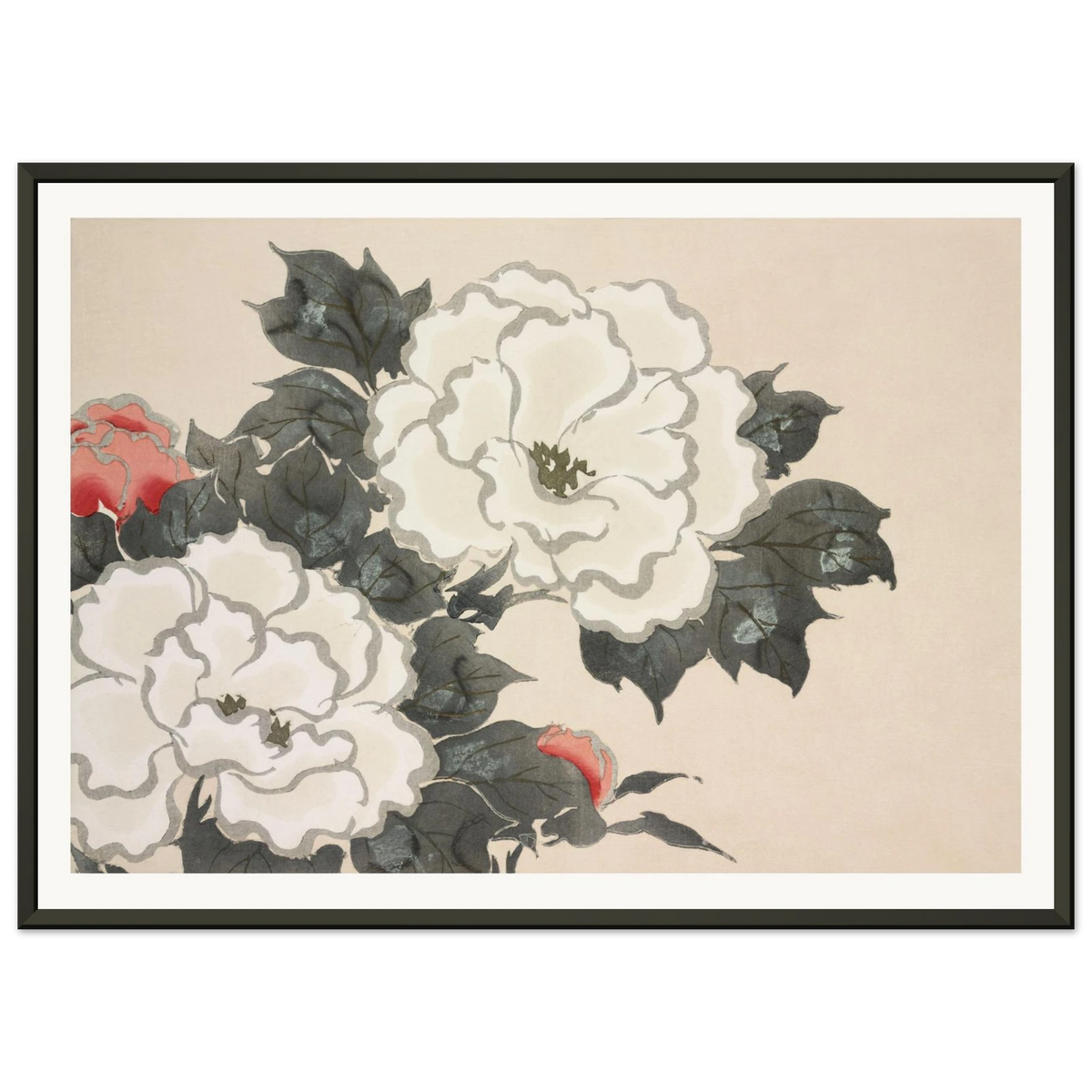 Estampe japonaise FUKAMIGUSA, Pivoines — Kamisaka Sekka, tirage encadré cadre noir | INKONAL