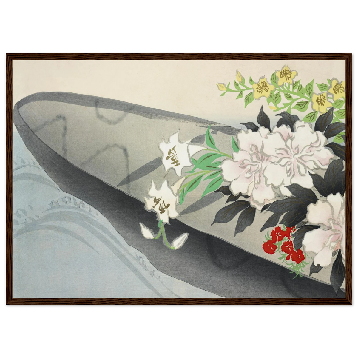 Estampe japonaise HANABUNE, Barque fleurie — Kamisaka Sekka, tirage encadré cadre bois foncé | INKONAL