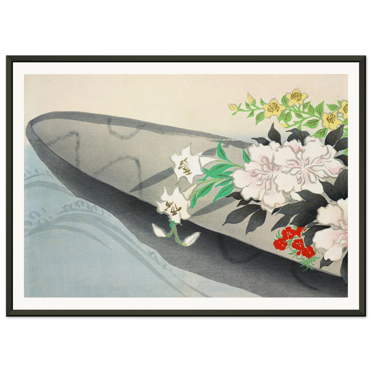 Estampe japonaise HANABUNE, Barque fleurie — Kamisaka Sekka, tirage encadré cadre noir | INKONAL