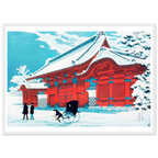 Estampe japonaise Le Portail Rouge de Hongō sous la Neige encadrée cadre blanc — reproduction fine art INKONAL
