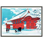 Estampe japonaise Le Portail Rouge de Hongō sous la Neige encadrée cadre noir — reproduction fine art INKONAL