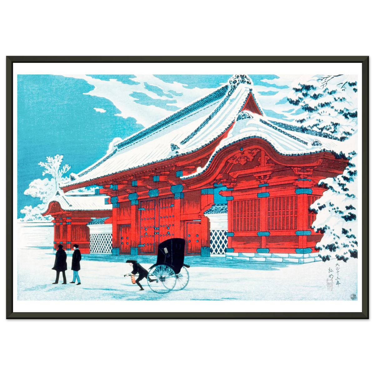 Estampe japonaise Le Portail Rouge de Hongō sous la Neige encadrée cadre noir — reproduction fine art INKONAL