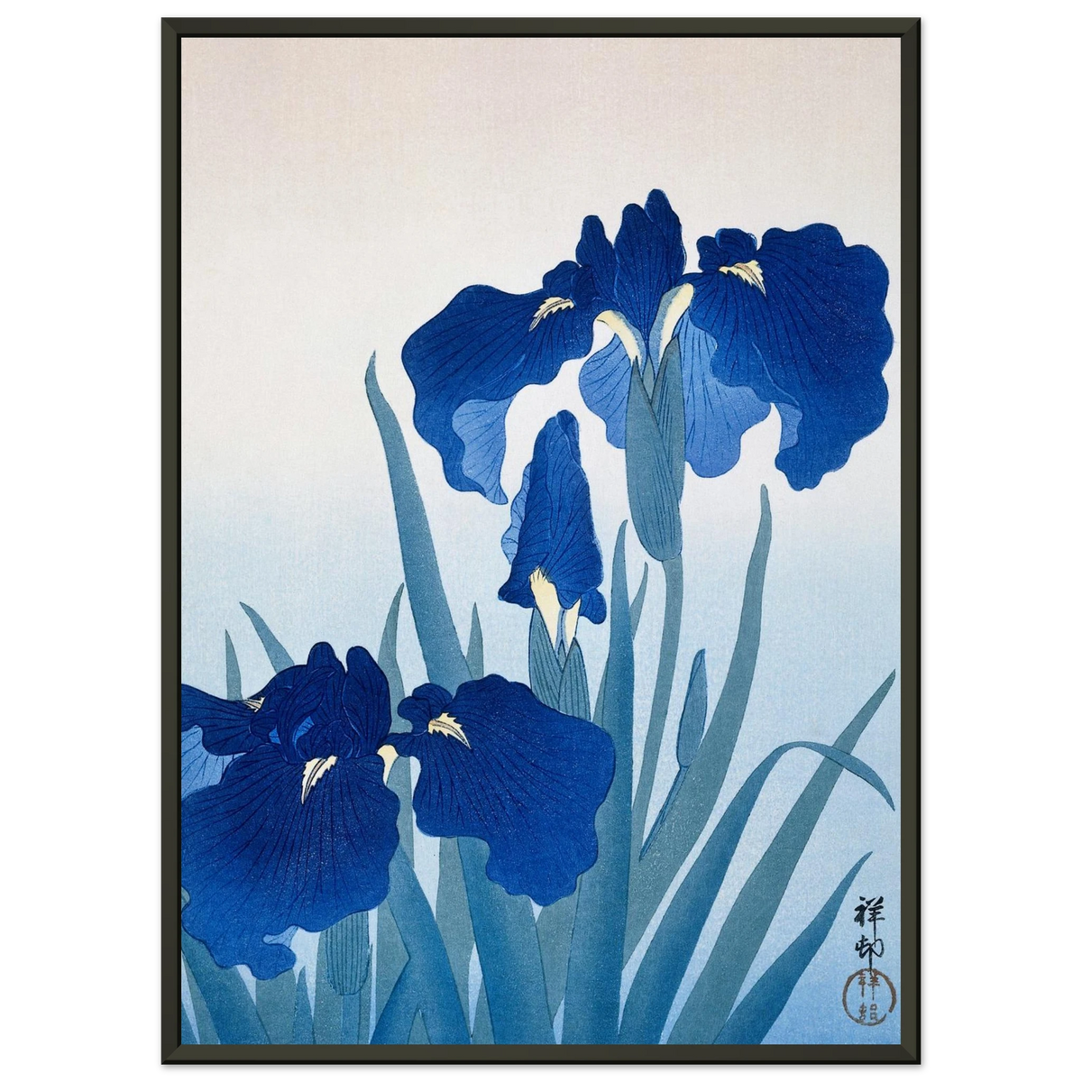 Estampe japonaise Iris — Ohara Koson, tirage encadré cadre noir | INKONAL