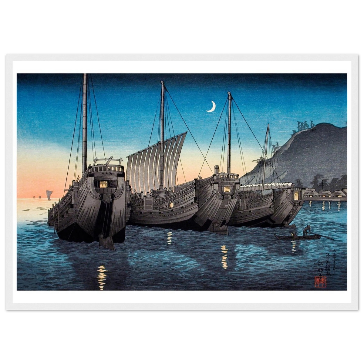 Estampe japonaise Jonques dans la Baie d'Inatori encadrée cadre blanc — reproduction fine art INKONAL
