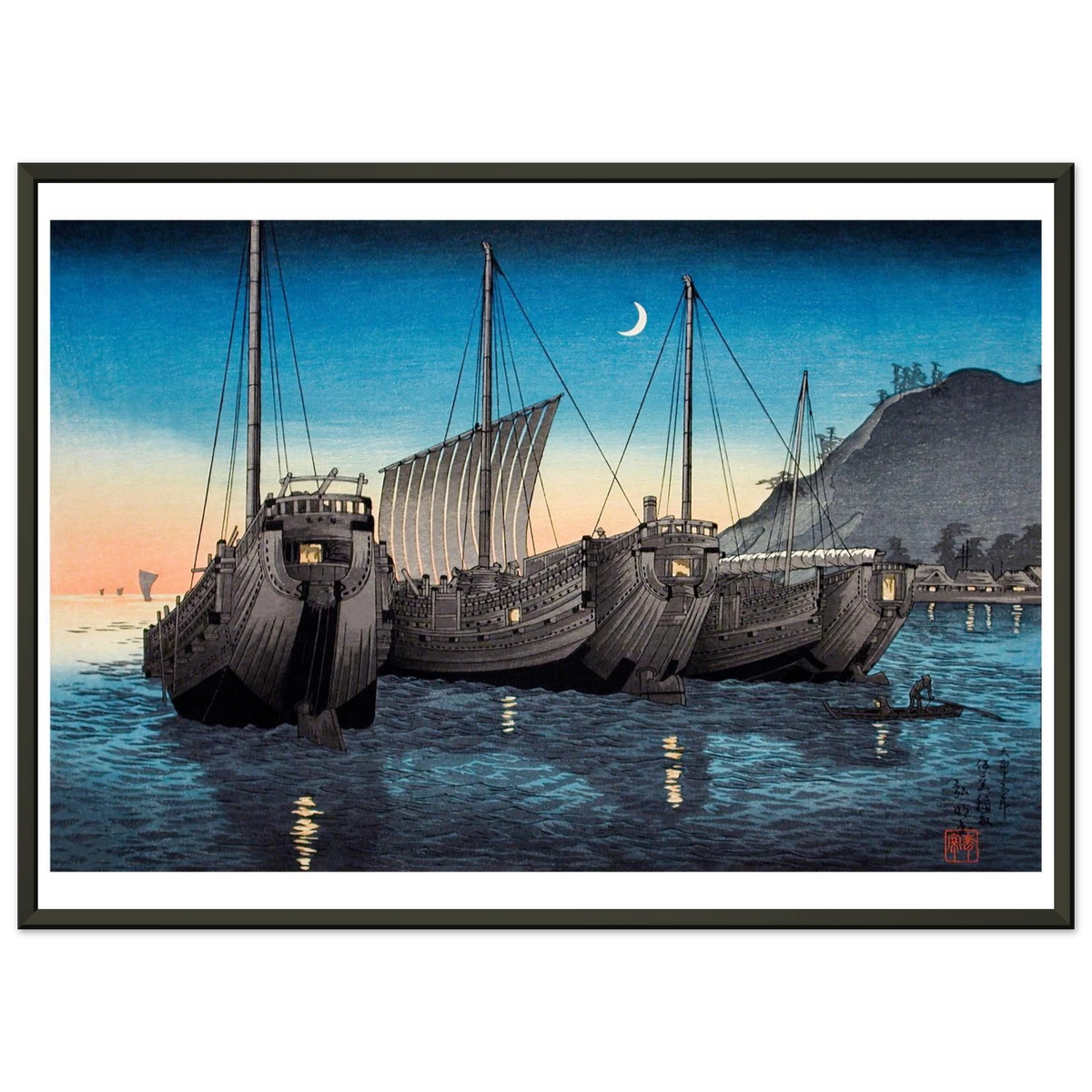 Estampe japonaise Jonques dans la Baie d'Inatori encadrée cadre noir — reproduction fine art INKONAL