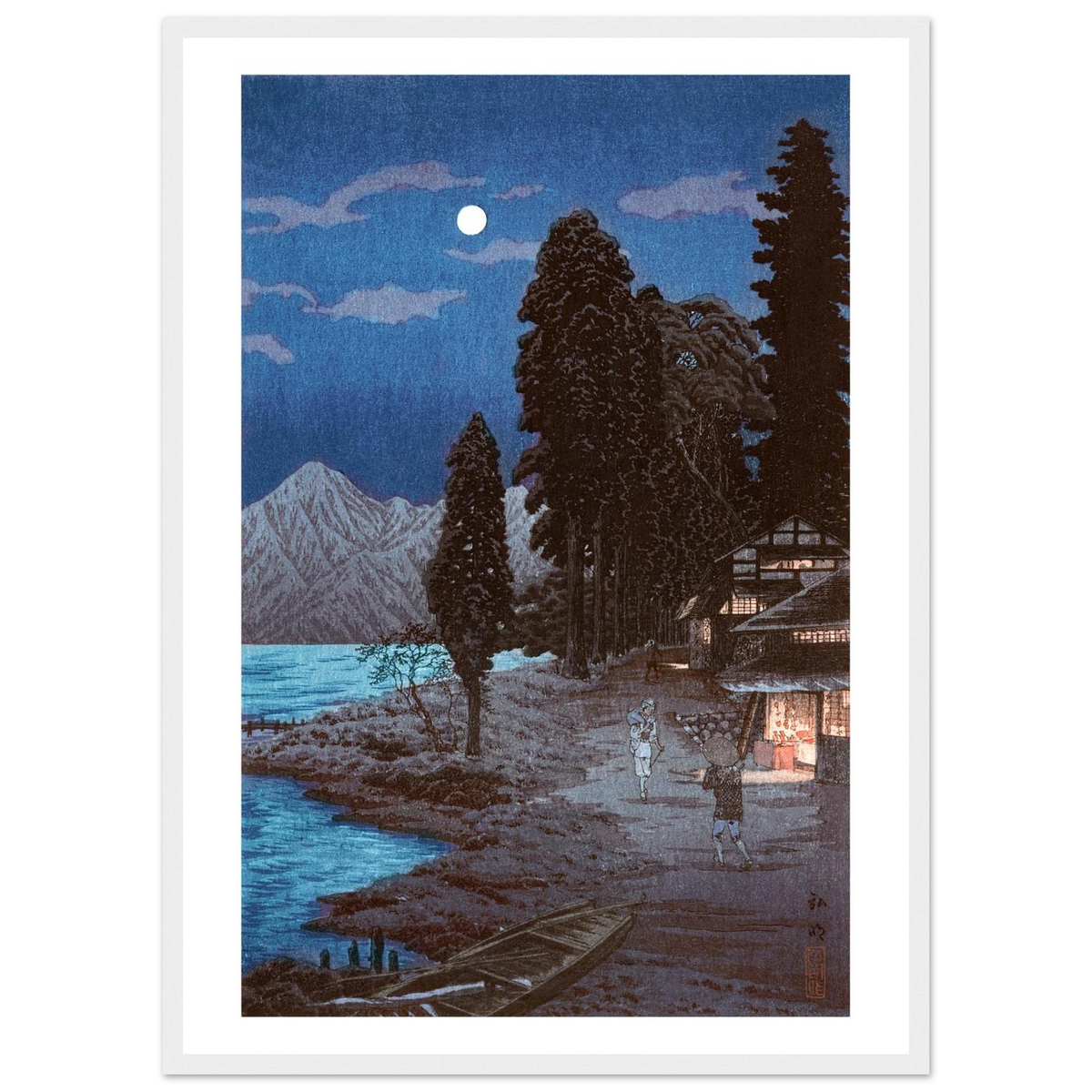 Estampe japonaise Le lac au clair de lune encadrée cadre blanc — reproduction fine art INKONAL