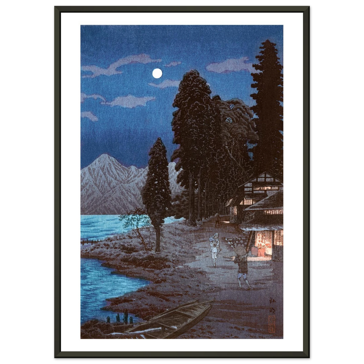 Estampe japonaise Le lac au clair de lune encadrée cadre noir — reproduction fine art INKONAL