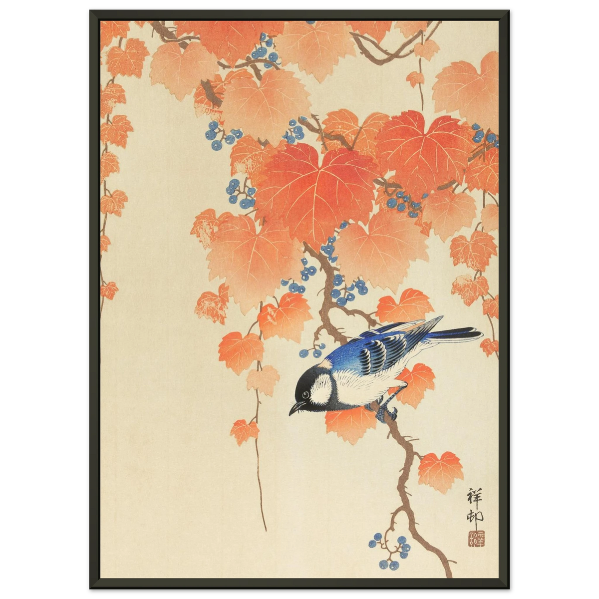 Estampe japonaise Mésange sur une branche de paulownia — Ohara Koson, tirage encadré cadre noir | INKONAL
