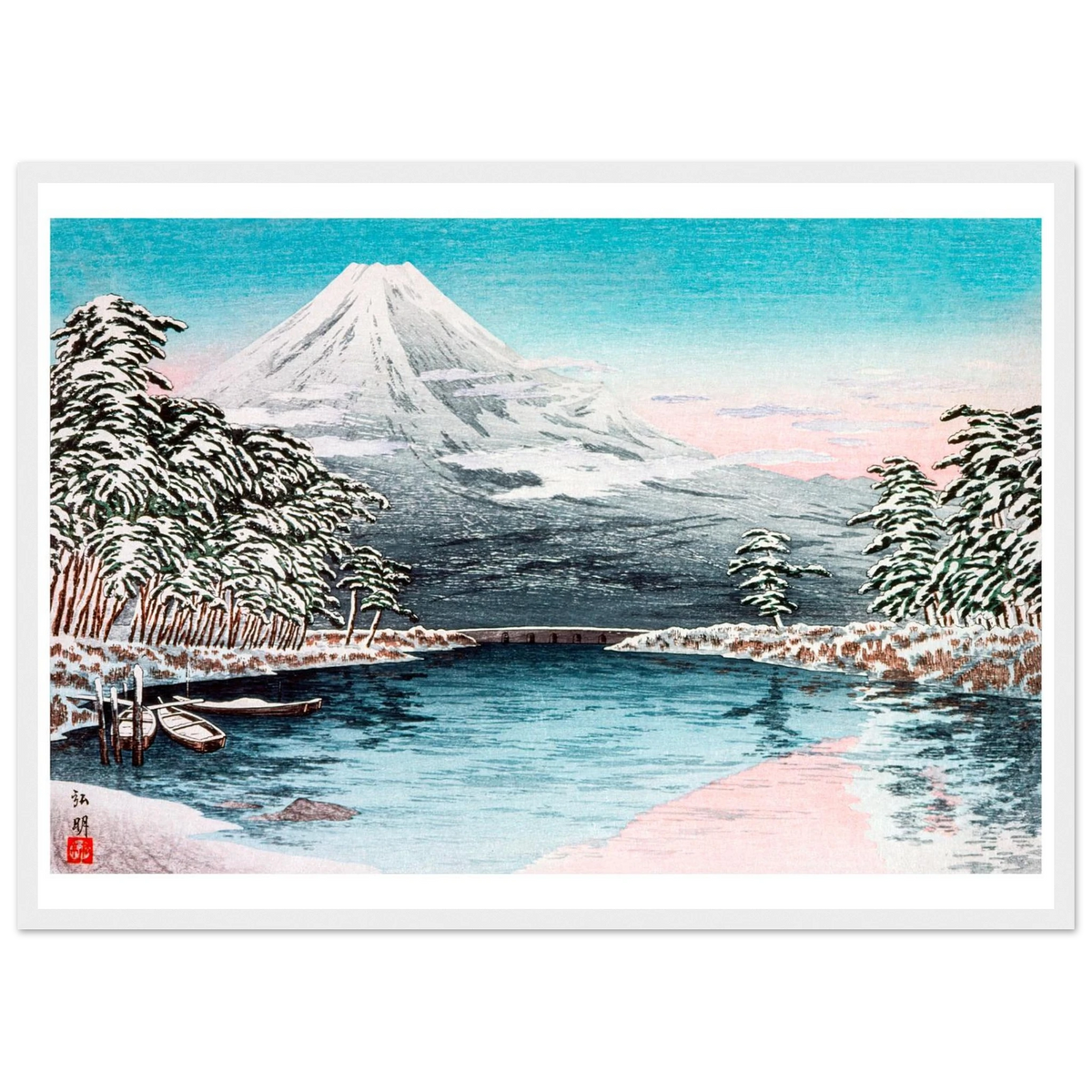 Estampe japonaise Le Mont Fuji au bord de l'étang enneigé encadrée cadre blanc — reproduction fine art INKONAL