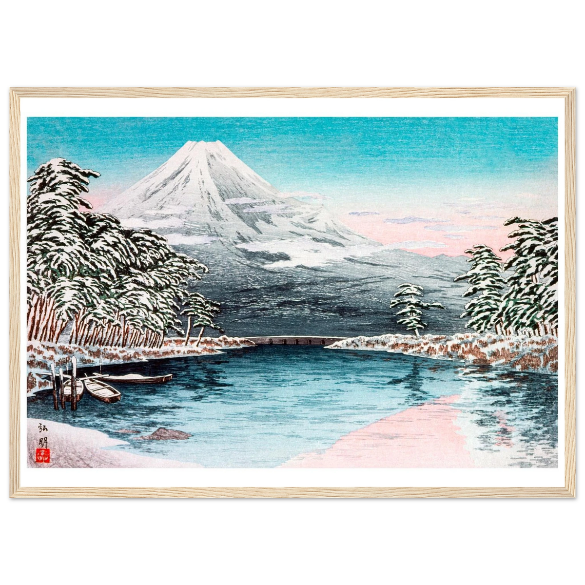 Estampe japonaise Le Mont Fuji au bord de l'étang enneigé encadrée cadre bois — reproduction fine art INKONAL