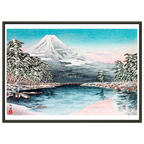 Estampe japonaise Le Mont Fuji au bord de l'étang enneigé encadrée cadre noir — reproduction fine art INKONAL