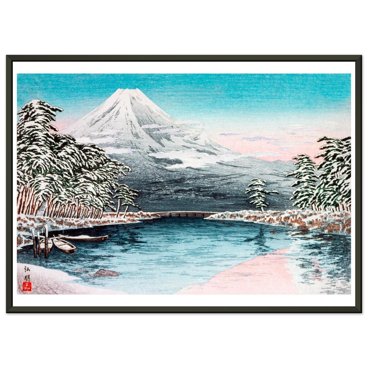 Estampe japonaise Le Mont Fuji au bord de l'étang enneigé encadrée cadre noir — reproduction fine art INKONAL