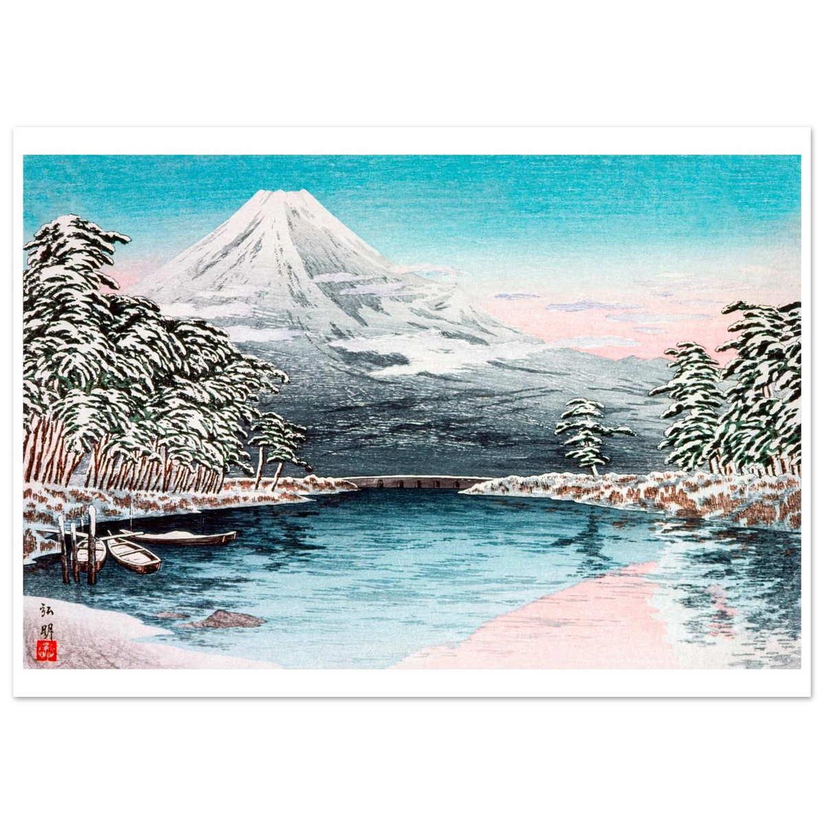 Estampe japonaise Le Mont Fuji au bord de l'étang enneigé sans cadre — reproduction fine art INKONAL