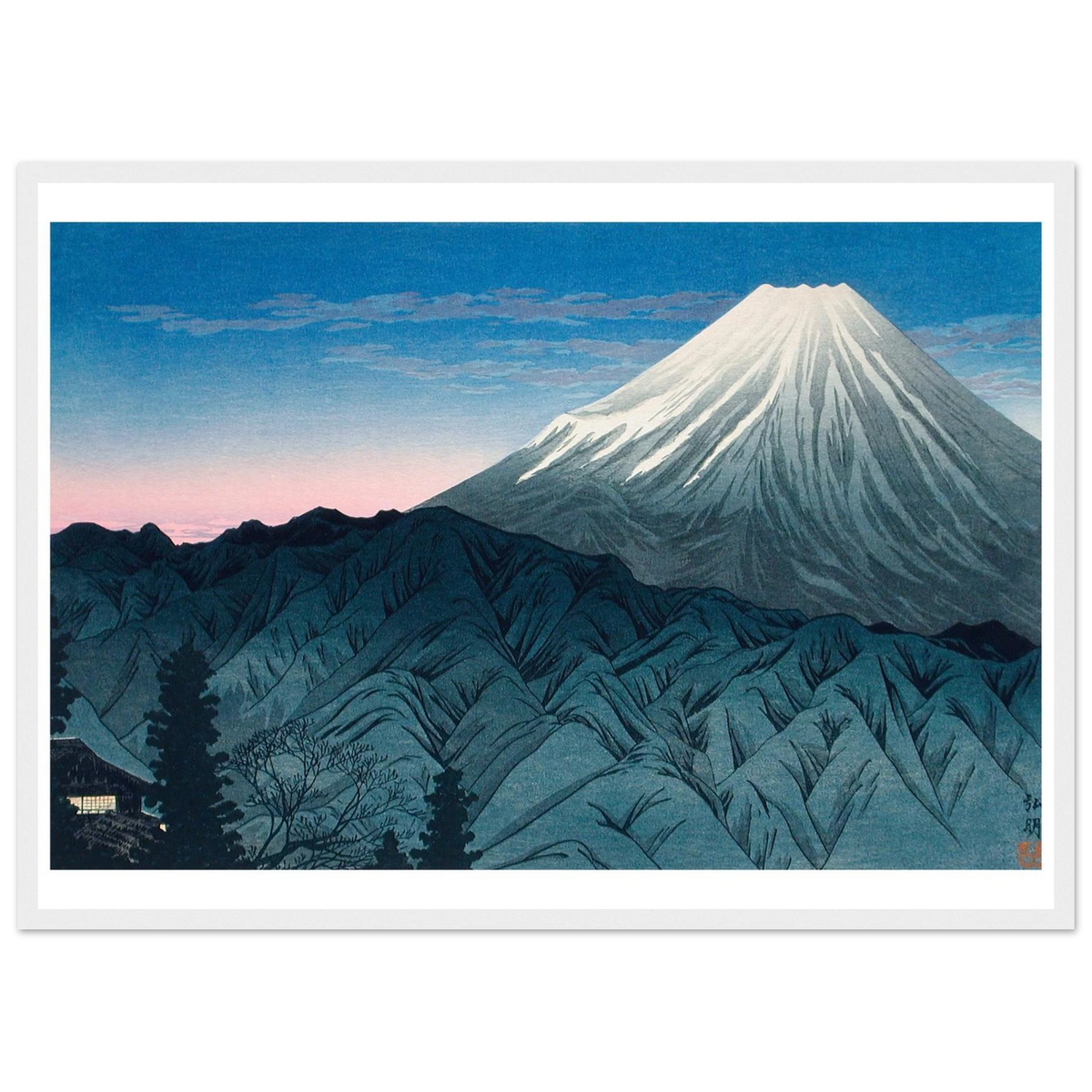 Estampe japonaise Le Mont Fuji depuis les collines encadrée cadre blanc — reproduction fine art INKONAL