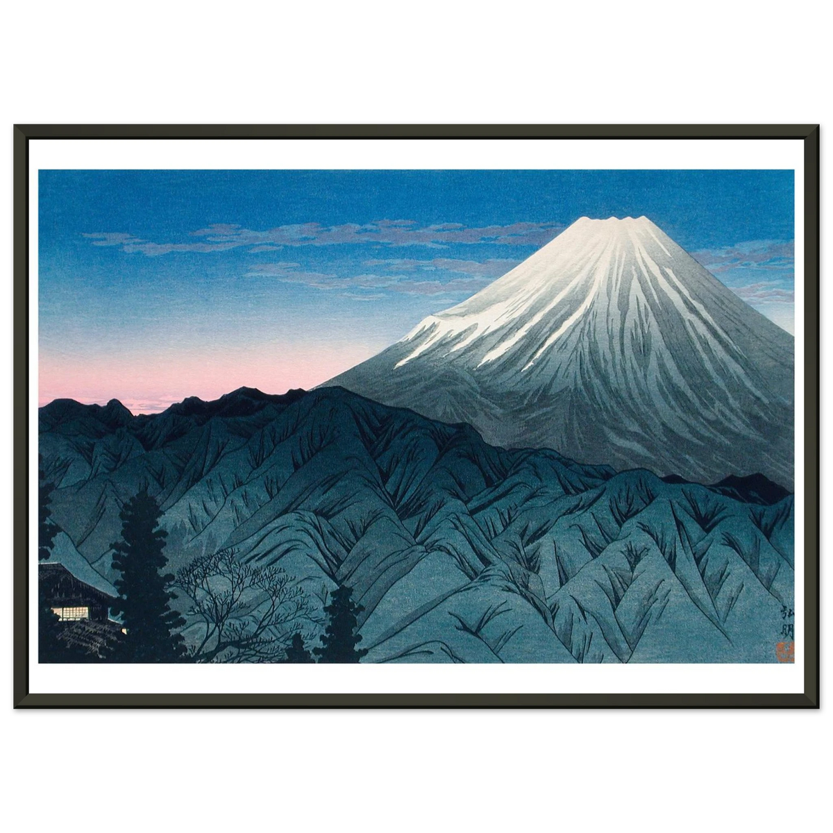 Estampe japonaise Le Mont Fuji depuis les collines encadrée cadre noir — reproduction fine art INKONAL