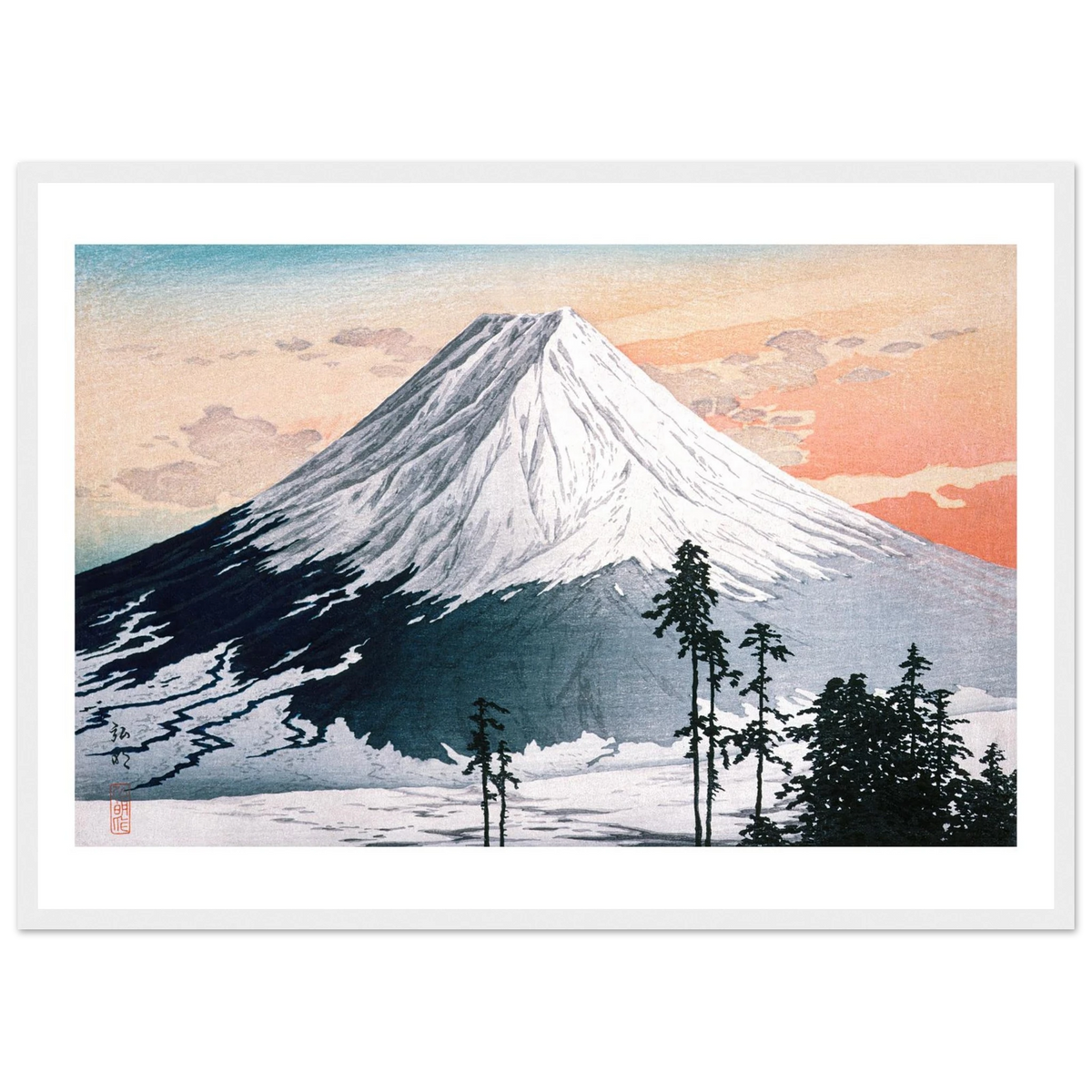 Estampe japonaise Le Mont Fuji sous la neige encadrée cadre blanc — reproduction fine art INKONAL