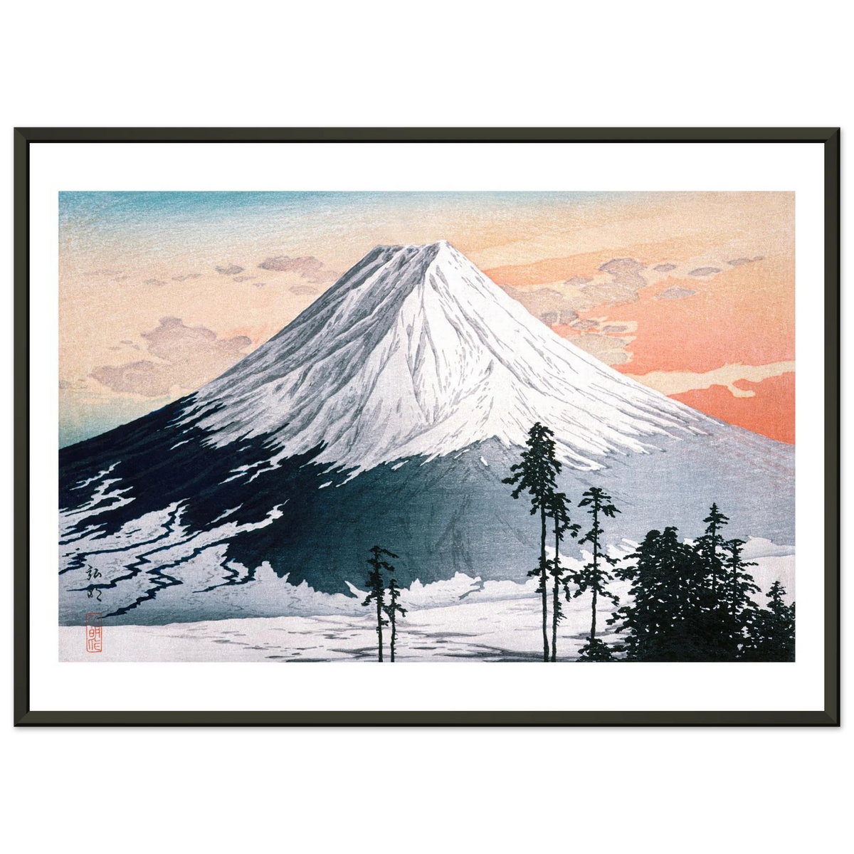 Estampe japonaise Le Mont Fuji sous la neige encadrée cadre noir — reproduction fine art INKONAL