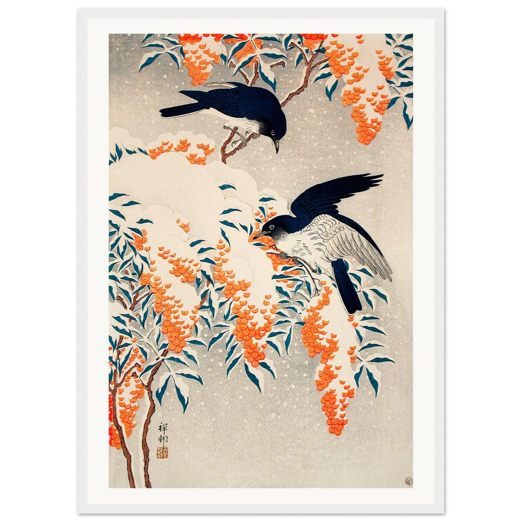 Estampe japonaise Nandina et oiseaux bleus sous la neige — Ohara Koson, tirage encadré cadre blanc | INKONAL