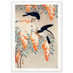 Estampe japonaise Nandina et oiseaux bleus sous la neige — Ohara Koson, tirage encadré cadre blanc | INKONAL