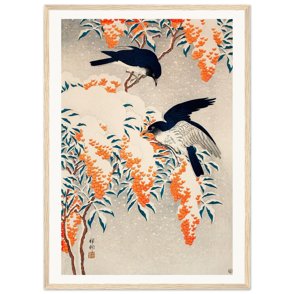 Estampe japonaise Nandina et oiseaux bleus sous la neige — Ohara Koson, tirage encadré cadre bois | INKONAL