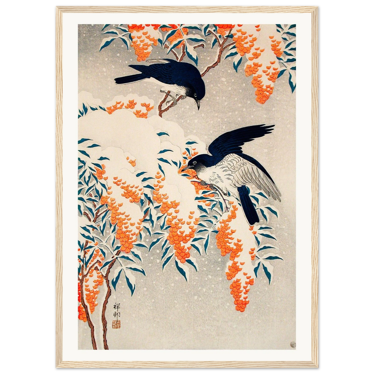 Estampe japonaise Nandina et oiseaux bleus sous la neige — Ohara Koson, tirage encadré cadre bois | INKONAL