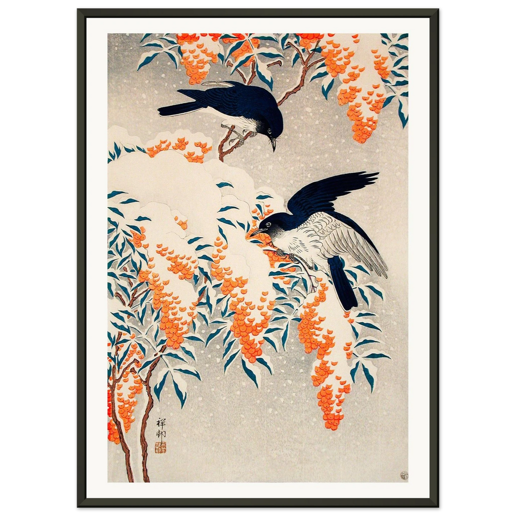 Estampe japonaise Nandina et oiseaux bleus sous la neige — Ohara Koson, tirage encadré cadre noir | INKONAL
