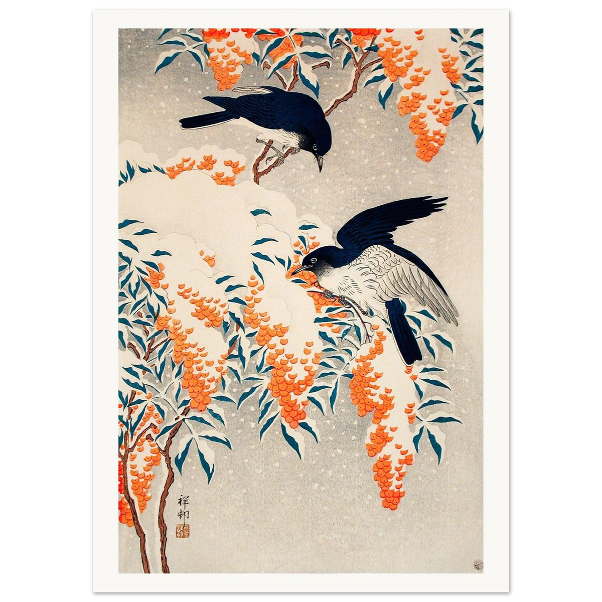 Estampe japonaise Nandina et oiseaux bleus sous la neige — Ohara Koson, tirage sans cadre | INKONAL