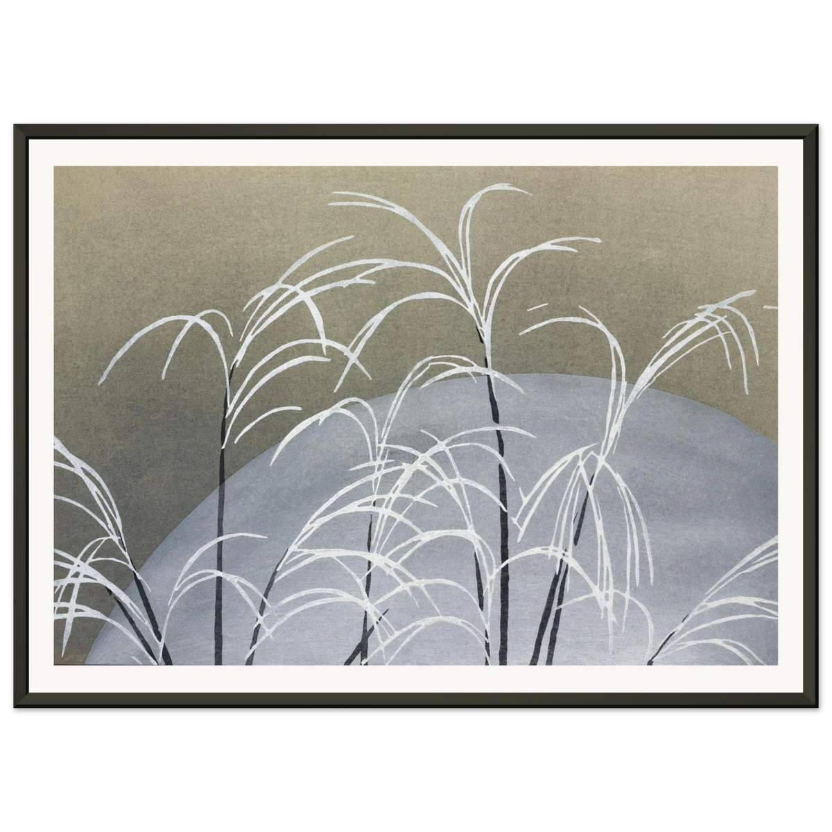 Estampe japonaise OBANA NI TSUKI, Herbes à éventail sous la lune — Kamisaka Sekka, tirage encadré cadre noir | INKONAL