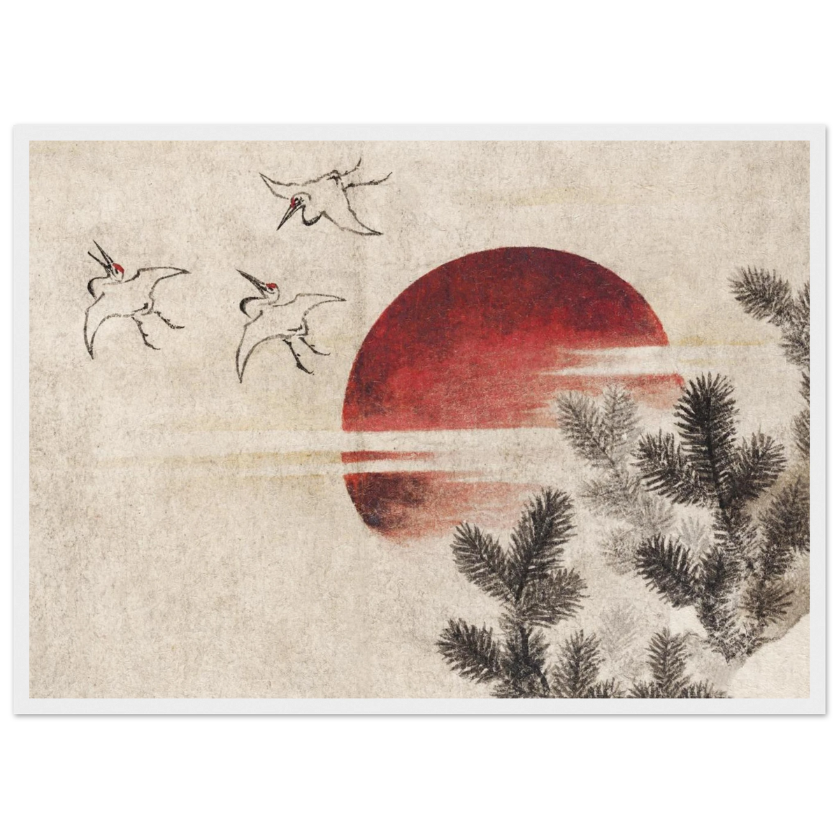 Estampe japonaise Oiseaux au soleil couchant — Katsushika Hokusai, tirage encadré cadre blanc | INKONAL