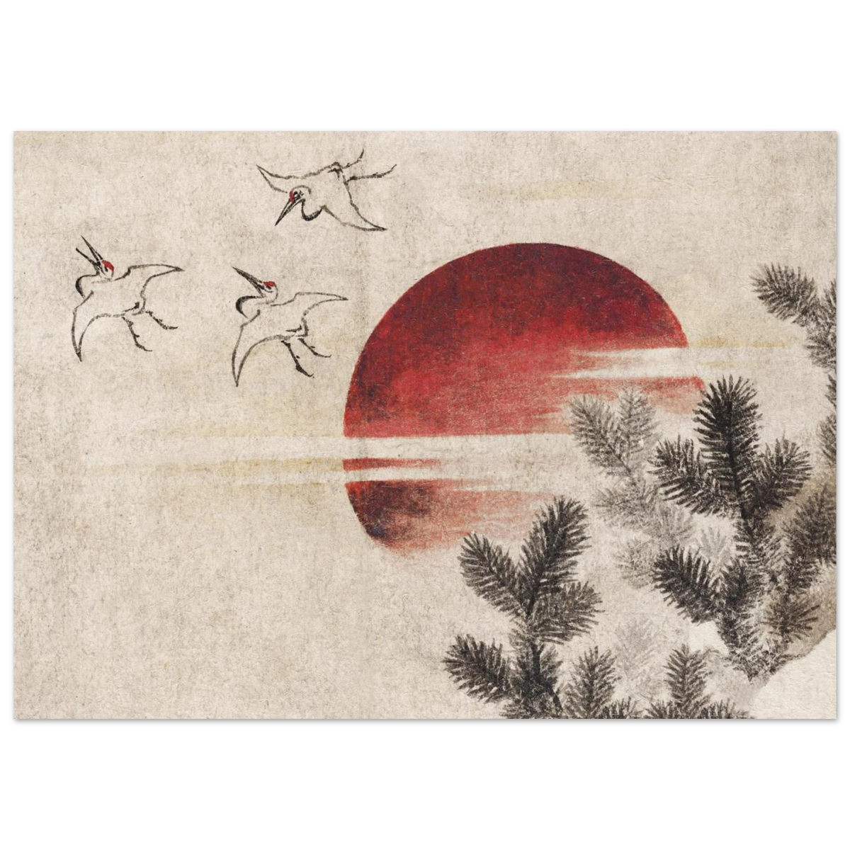 Estampe japonaise Oiseaux au soleil couchant — Katsushika Hokusai, tirage sans cadre | INKONAL