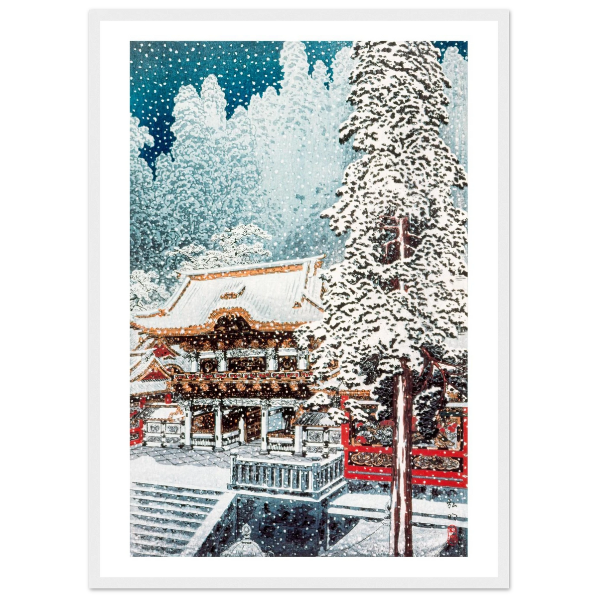 Estampe japonaise Le sanctuaire sous la neige encadrée cadre blanc — reproduction fine art INKONAL