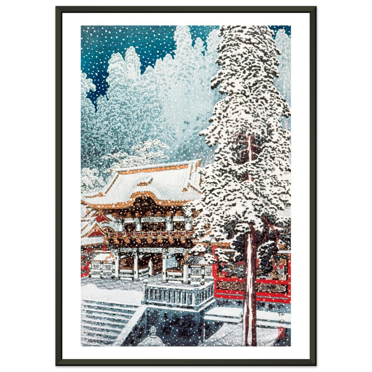 Estampe japonaise Le sanctuaire sous la neige encadrée cadre noir — reproduction fine art INKONAL