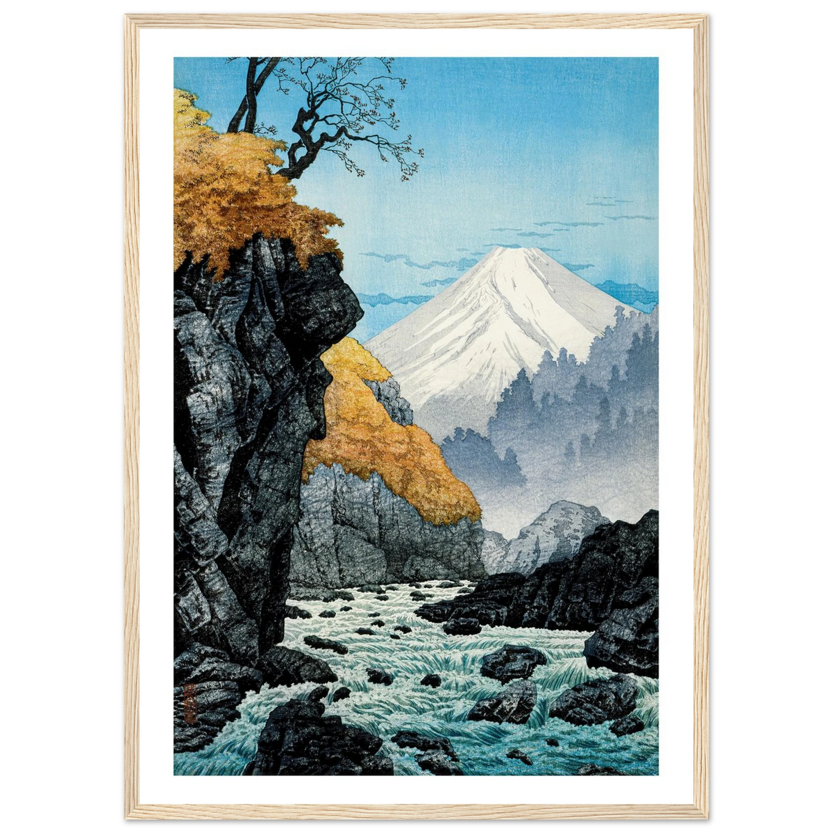 Estampe japonaise Le torrent sous le Fuji encadrée cadre bois — reproduction fine art INKONAL