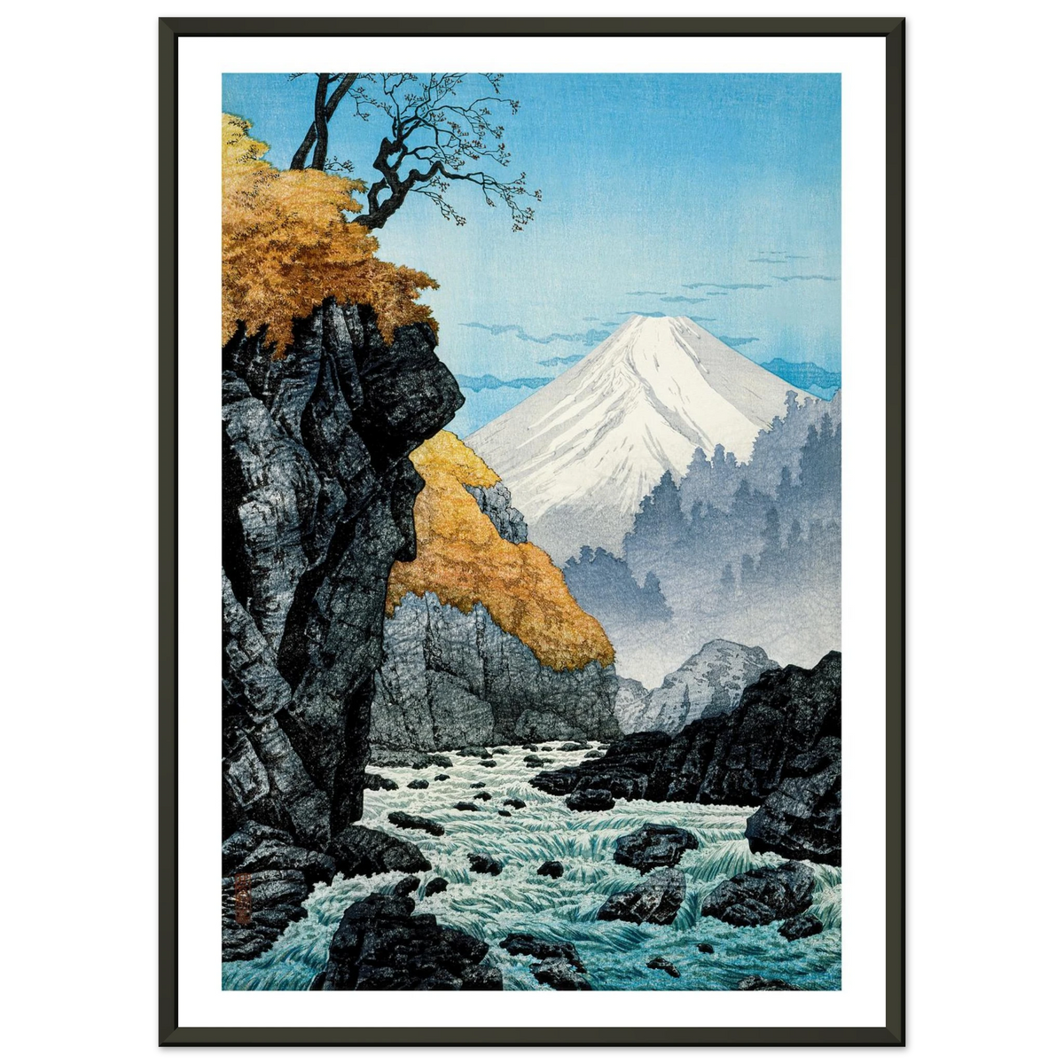 Estampe japonaise Le torrent sous le Fuji encadrée cadre noir — reproduction fine art INKONAL