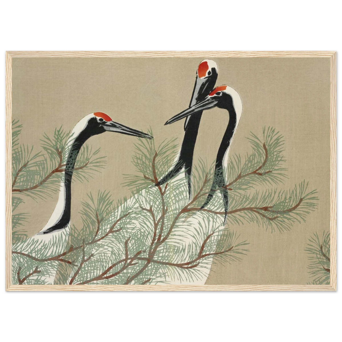 Estampe japonaise Tsuru, Grues — Kamisaka Sekka, tirage encadré cadre bois | INKONAL