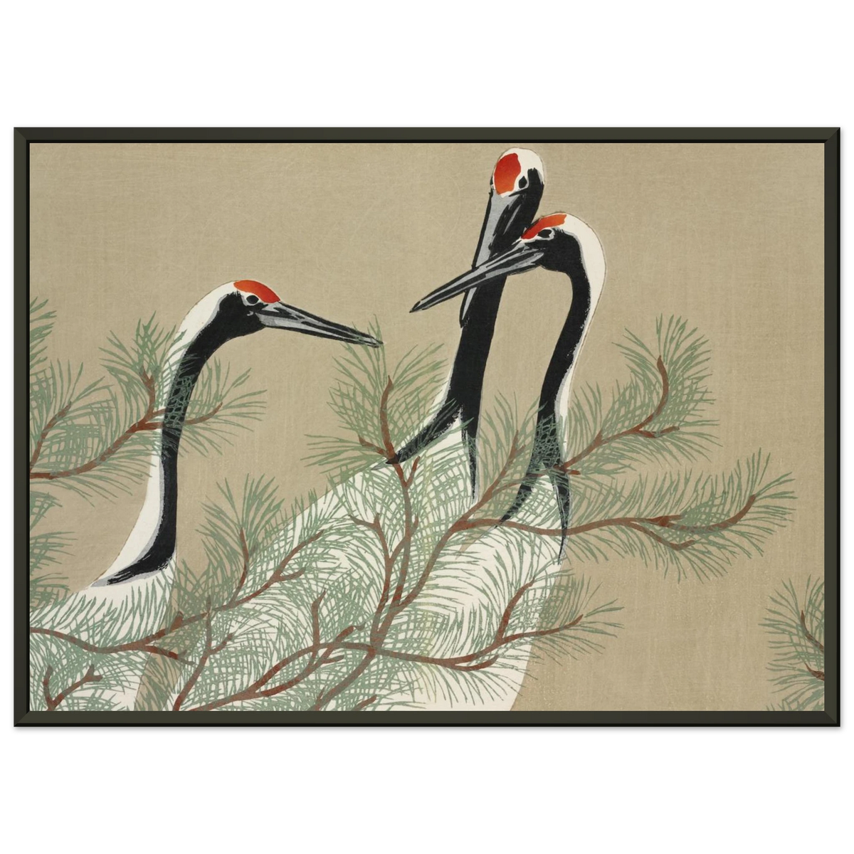 Estampe japonaise Tsuru, Grues — Kamisaka Sekka, tirage encadré cadre noir | INKONAL