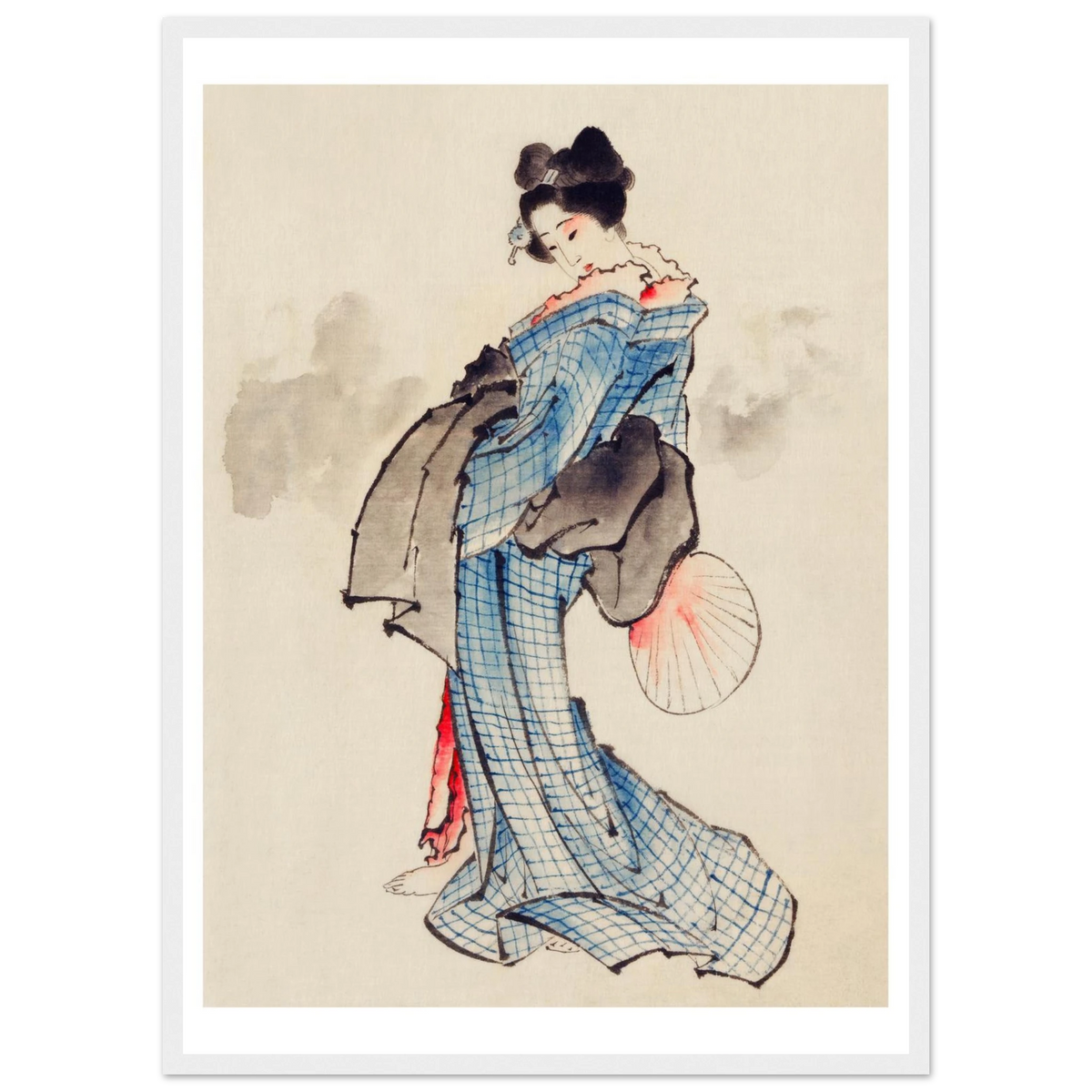 Poster Femme à l'éventail encadré cadre blanc, estampe japonaise Hokusai bijin-ga INKONAL