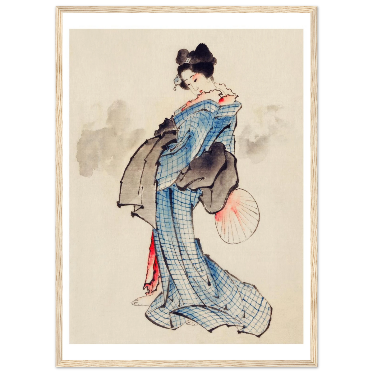 Poster Femme à l'éventail encadré cadre bois, estampe japonaise Hokusai bijin-ga INKONAL