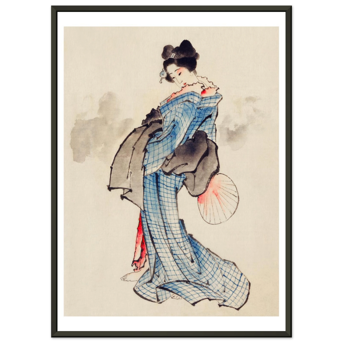 Poster Femme à l'éventail encadré cadre noir, estampe japonaise Hokusai bijin-ga INKONAL