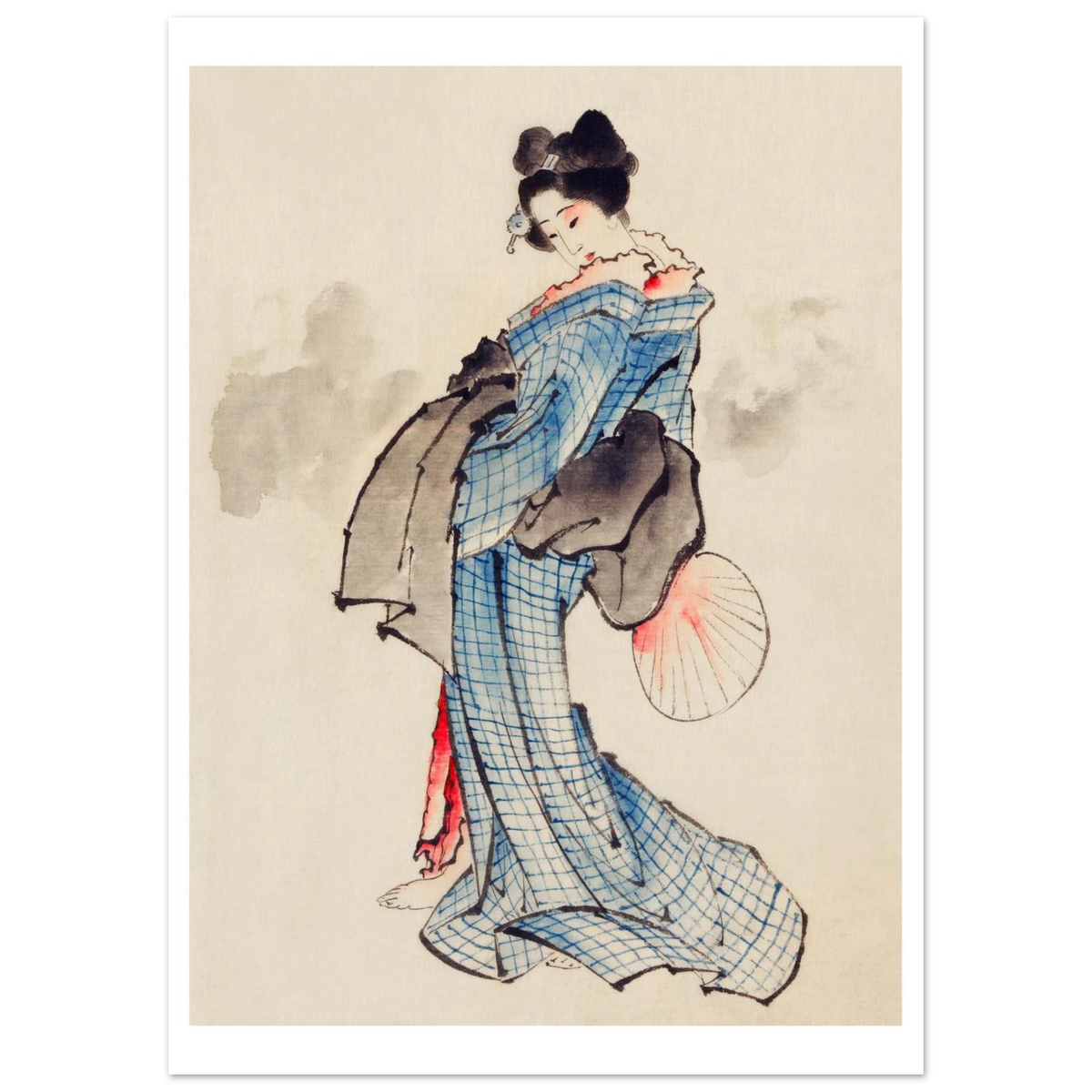 Poster Femme à l'éventail sans cadre, estampe japonaise Hokusai bijin-ga INKONAL