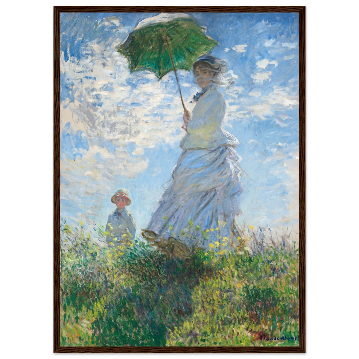 Tableau Femme à l'ombrelle, Madame Monet et son fils — Claude Monet, tirage encadré cadre bois foncé | INKONAL