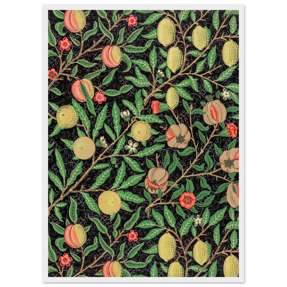 Motif Fruits, fond noir — William Morris, tirage encadré cadre blanc | INKONAL