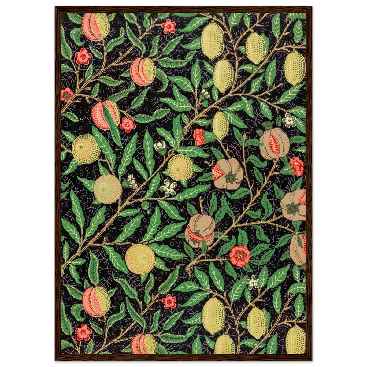 Motif Fruits, fond noir — William Morris, tirage encadré cadre bois foncé | INKONAL