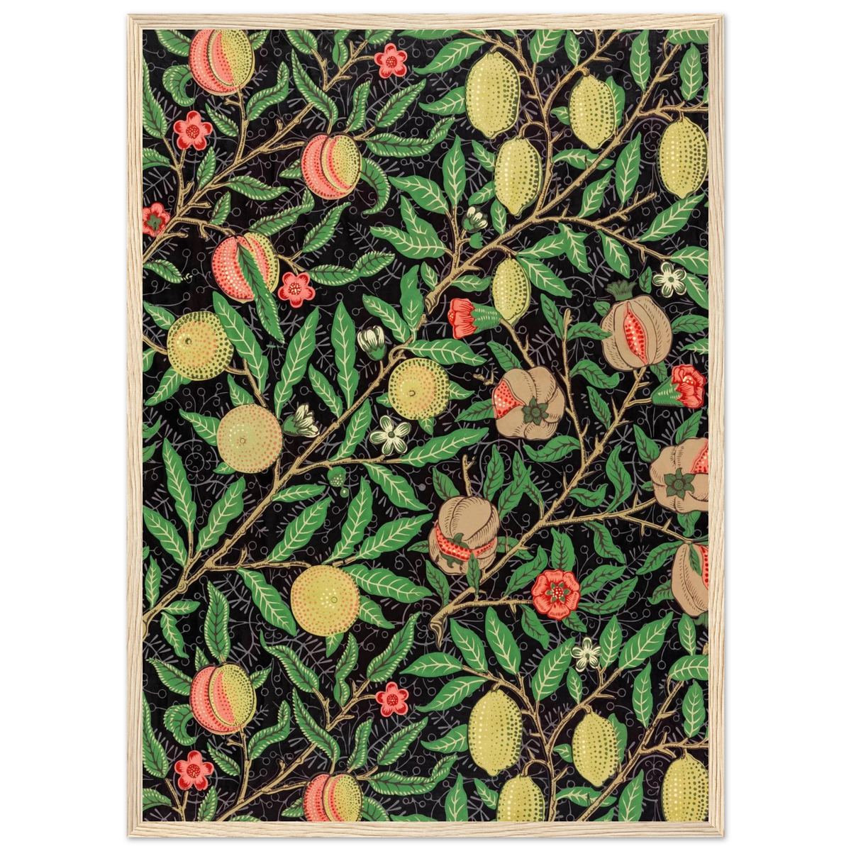 Motif Fruits, fond noir — William Morris, tirage encadré cadre bois | INKONAL