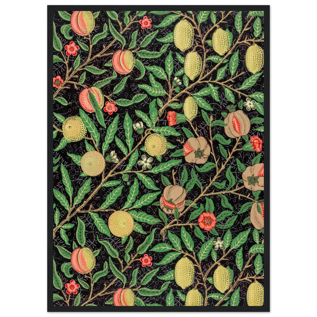 Motif Fruits, fond noir — William Morris, tirage encadré cadre noir | INKONAL