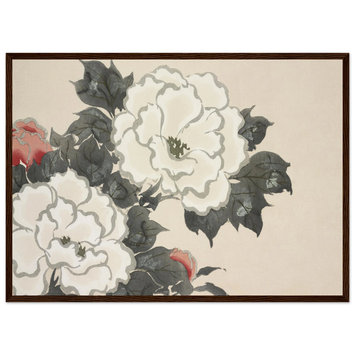 Estampe japonaise FUKAMIGUSA, Pivoines — Kamisaka Sekka, tirage encadré cadre bois foncé | INKONAL