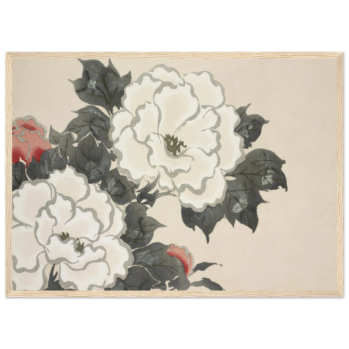 Estampe japonaise FUKAMIGUSA, Pivoines — Kamisaka Sekka, tirage encadré cadre bois | INKONAL