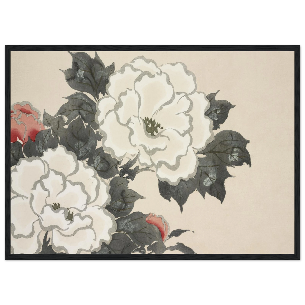 Estampe japonaise FUKAMIGUSA, Pivoines — Kamisaka Sekka, tirage encadré cadre noir | INKONAL