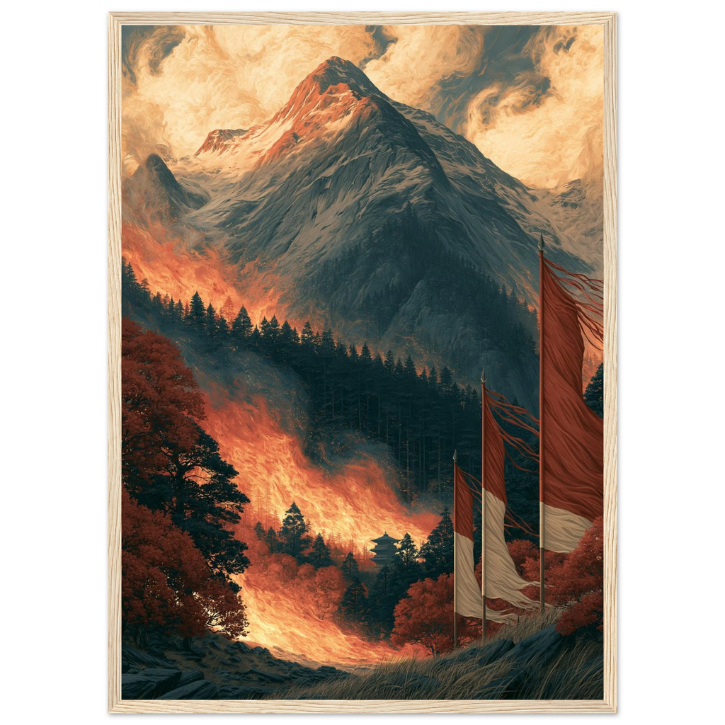 Poster Fūrinkazan encadré cadre bois — montagne, forêt et bannières de guerre, affiche d'art japonais INKONAL